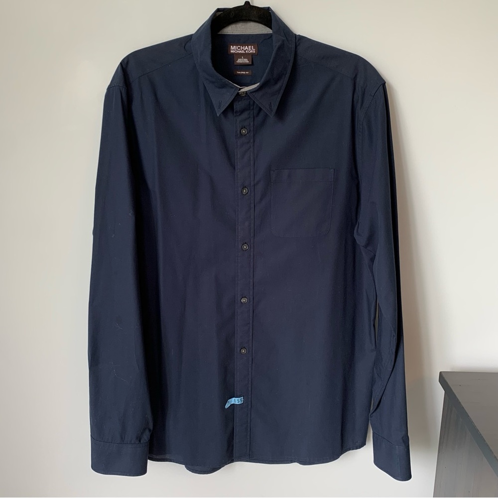 SIZE L MICHAEL KORS DARK BLUE BUTTON COLLARED DRESS SHIRT TAILORED LONG SLEEVE